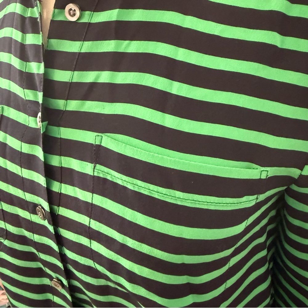 J. Crew Silk Polly Popover in Stripe Crepe de Chine Kelly Green & Blue Size 2 - Picture 3 of 10